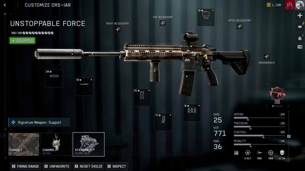 Weapon customization menu displaying a long-range dsr iar loadout battlefield 6 for large scale modes.